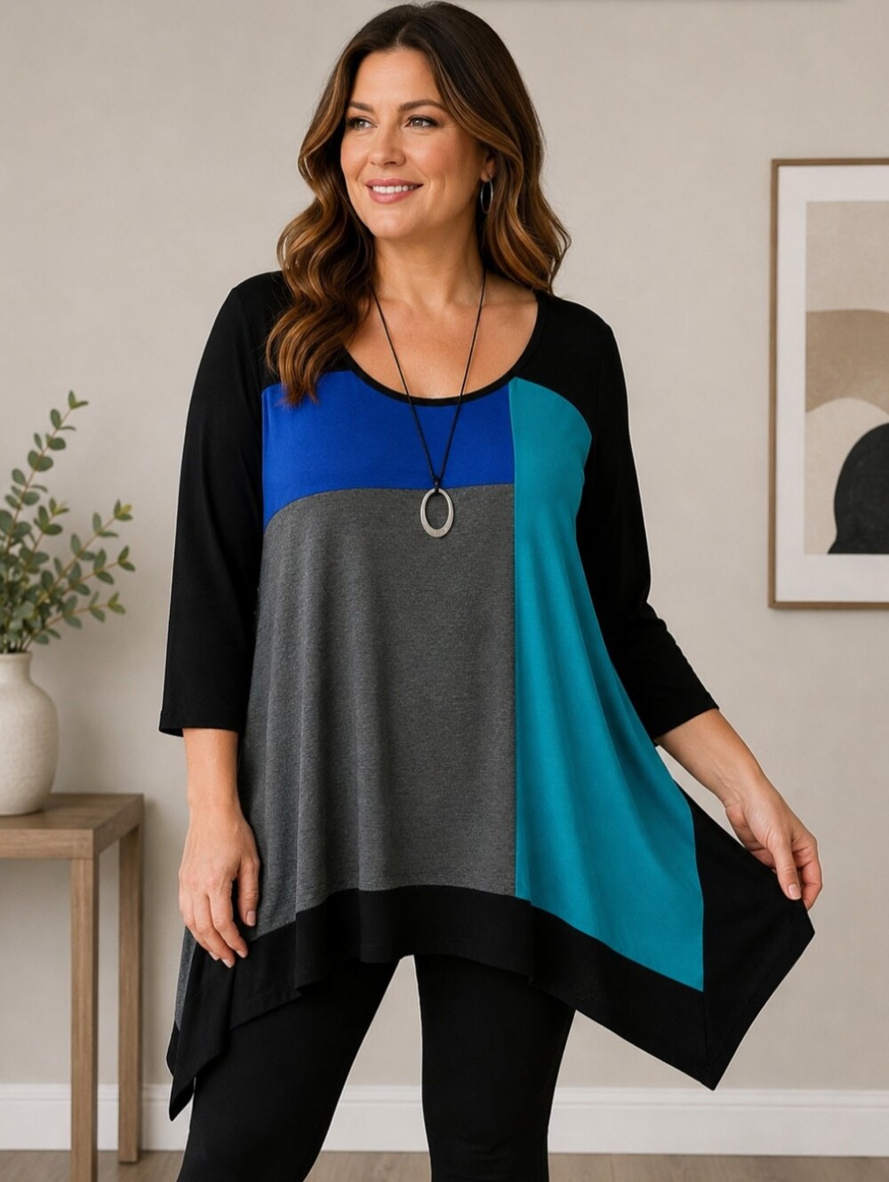 Red Coral Colour Block Asymmetrical Tunic Top Black Teal Blue Grey L